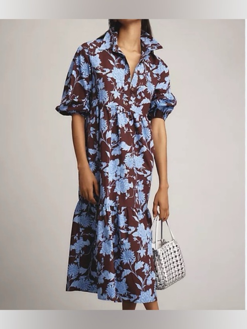 Anthropologie Maeve The Bettina Tiered Shirt Dress Maroon Blue Floral Sz XXS - Picture 2 of 14